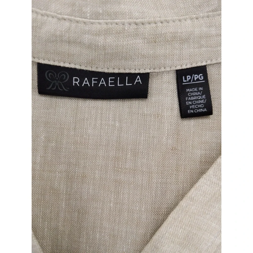 Rafaella Blouse Women Large Petite Beige 100% Linen V-Neck Short Sleeve Pocket